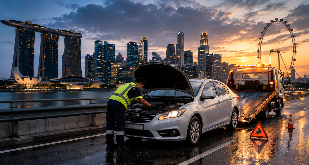 Tow truck recovering a car at night in Singapore