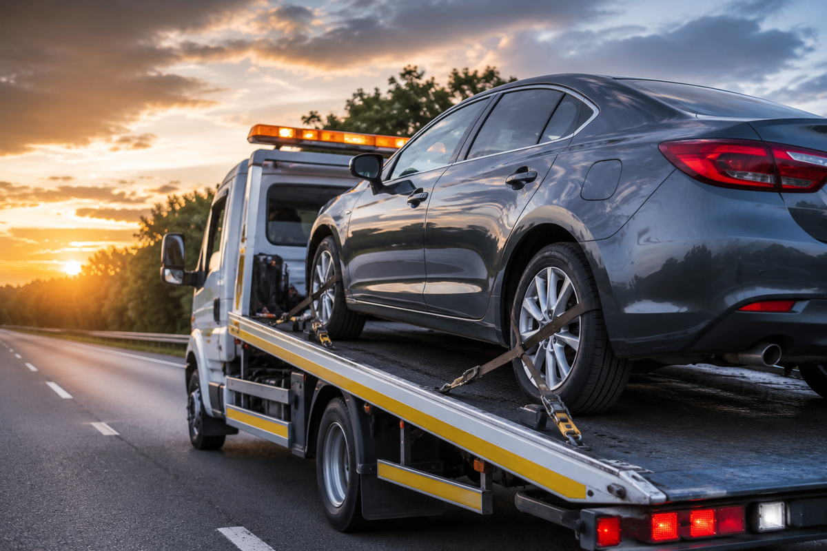 Tow truck carrying a car at night